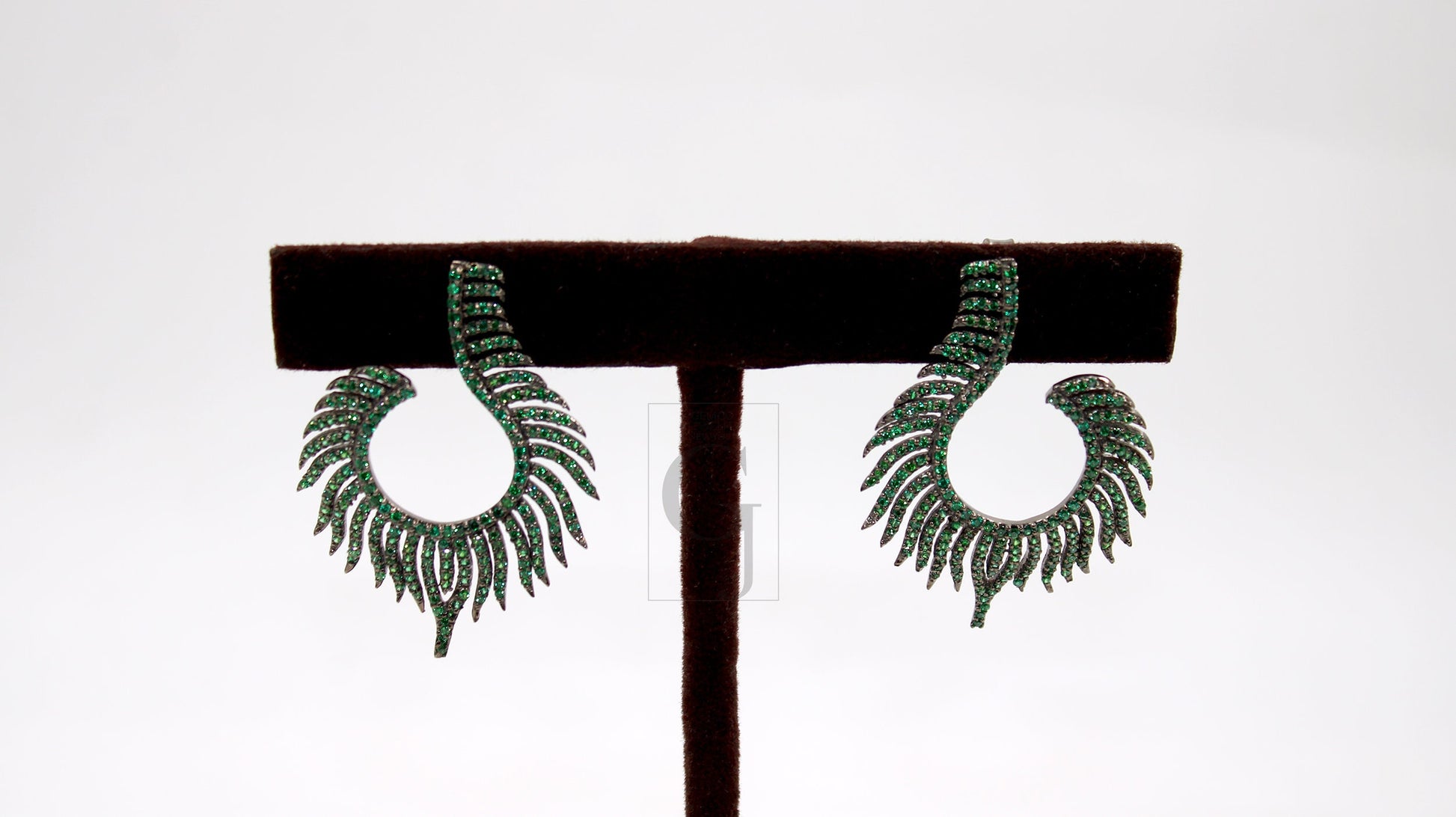 Nature inspired peacock feather style rosecut pave emerald earrings ,antique look sterling silver natural emerald beautiful earrings