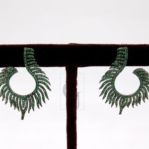 Nature inspired peacock feather style rosecut pave emerald earrings ,antique look sterling silver natural emerald beautiful earrings