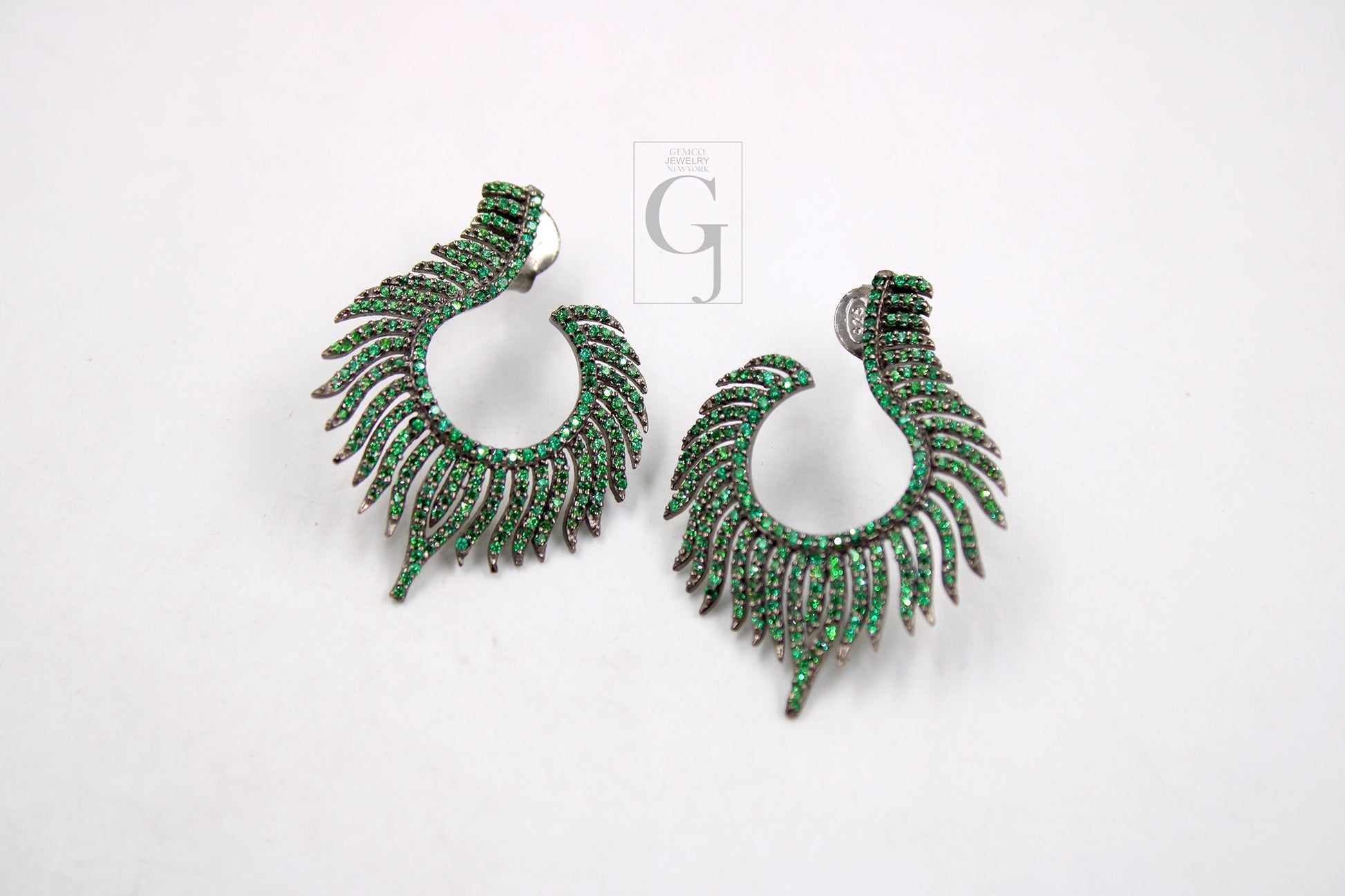 Nature inspired peacock feather style rosecut pave emerald earrings ,antique look sterling silver natural emerald beautiful earrings