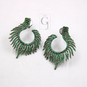 Nature inspired peacock feather style rosecut pave emerald earrings ,antique look sterling silver natural emerald beautiful earrings