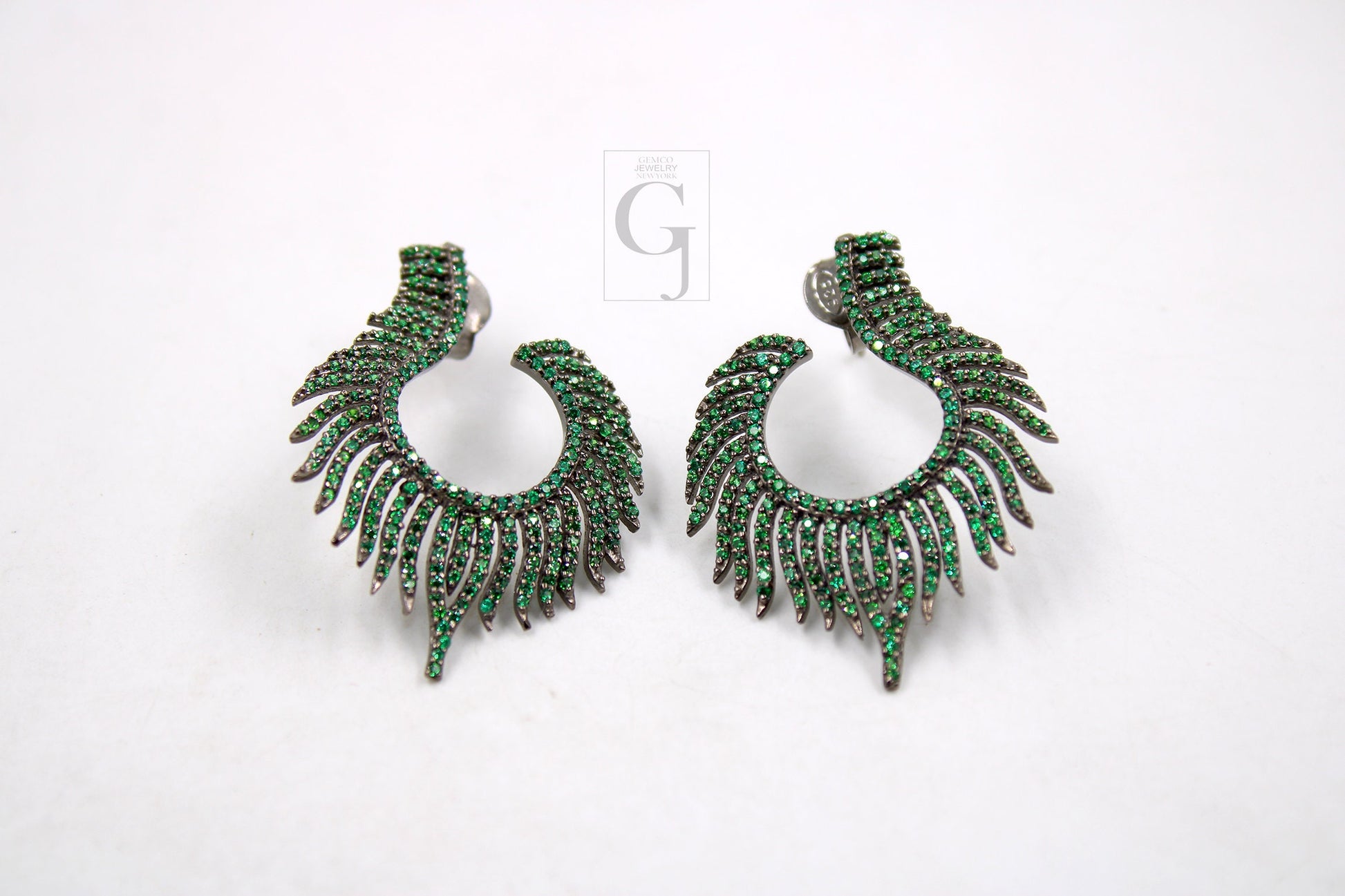 Nature inspired peacock feather style rosecut pave emerald earrings ,antique look sterling silver natural emerald beautiful earrings