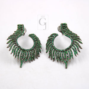 Nature inspired peacock feather style rosecut pave emerald earrings ,antique look sterling silver natural emerald beautiful earrings