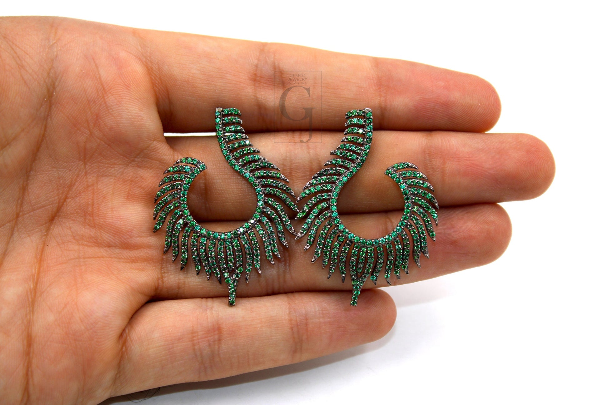 Nature inspired peacock feather style rosecut pave emerald earrings ,antique look sterling silver natural emerald beautiful earrings