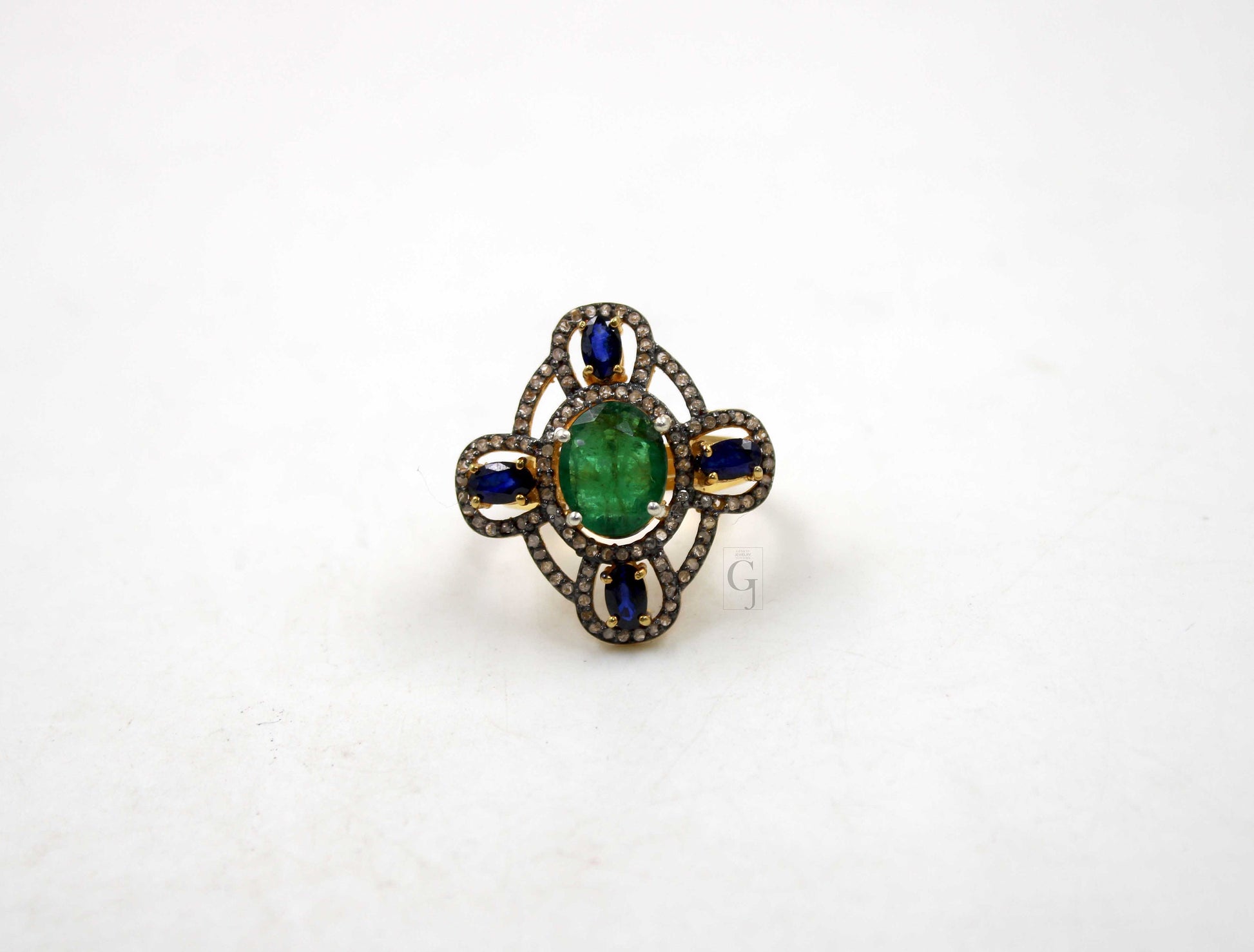 14k Gold Finish Emerald Sapphire Ring Designer Rosecut Pave Diamond Rings 925 Sterling Silver Handmade Silver Finish Diamond Ring