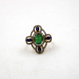 14k Gold Finish Emerald Sapphire Ring Designer Rosecut Pave Diamond Rings 925 Sterling Silver Handmade Silver Finish Diamond Ring