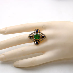 14k Gold Finish Emerald Sapphire Ring Designer Rosecut Pave Diamond Rings 925 Sterling Silver Handmade Silver Finish Diamond Ring