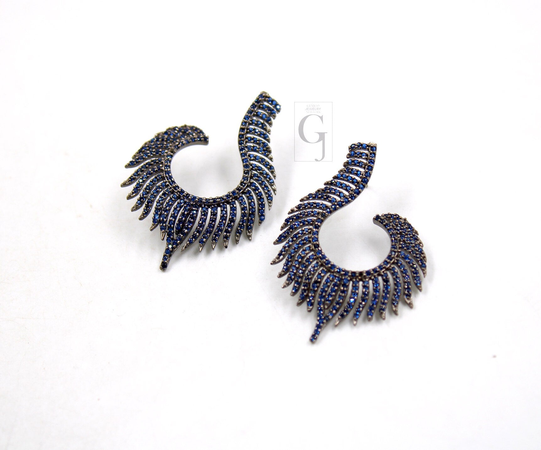 Nature Inspired Peacock Feather Style Rosecut Pave Blue Sapphire Earrings ,Antique Look Sterling Silver Natural Sapphire Beautiful Earrings