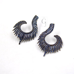 Nature Inspired Peacock Feather Style Rosecut Pave Blue Sapphire Earrings ,Antique Look Sterling Silver Natural Sapphire Beautiful Earrings