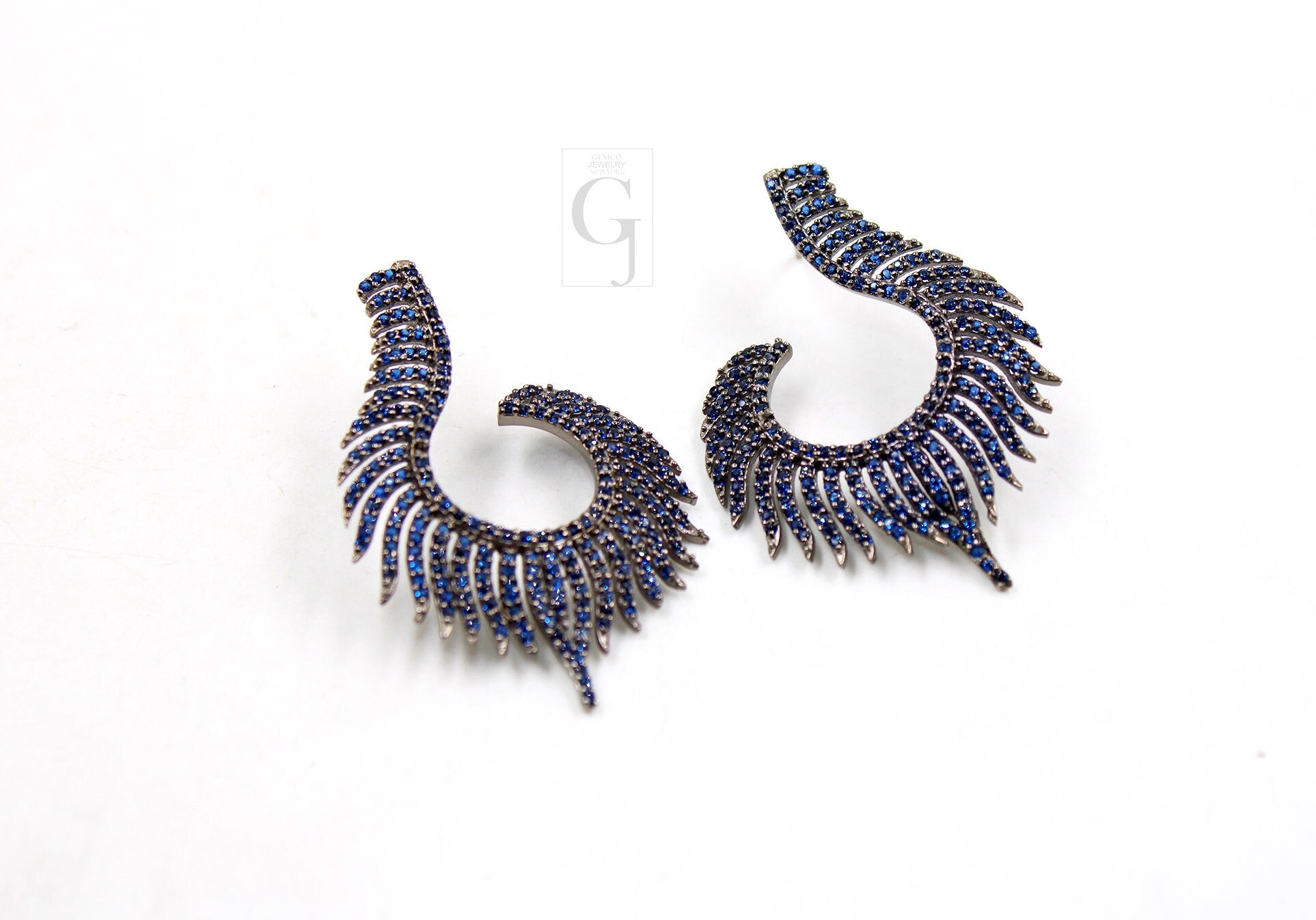 Nature Inspired Peacock Feather Style Rosecut Pave Blue Sapphire Earrings ,Antique Look Sterling Silver Natural Sapphire Beautiful Earrings