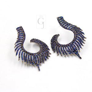 Nature Inspired Peacock Feather Style Rosecut Pave Blue Sapphire Earrings ,Antique Look Sterling Silver Natural Sapphire Beautiful Earrings