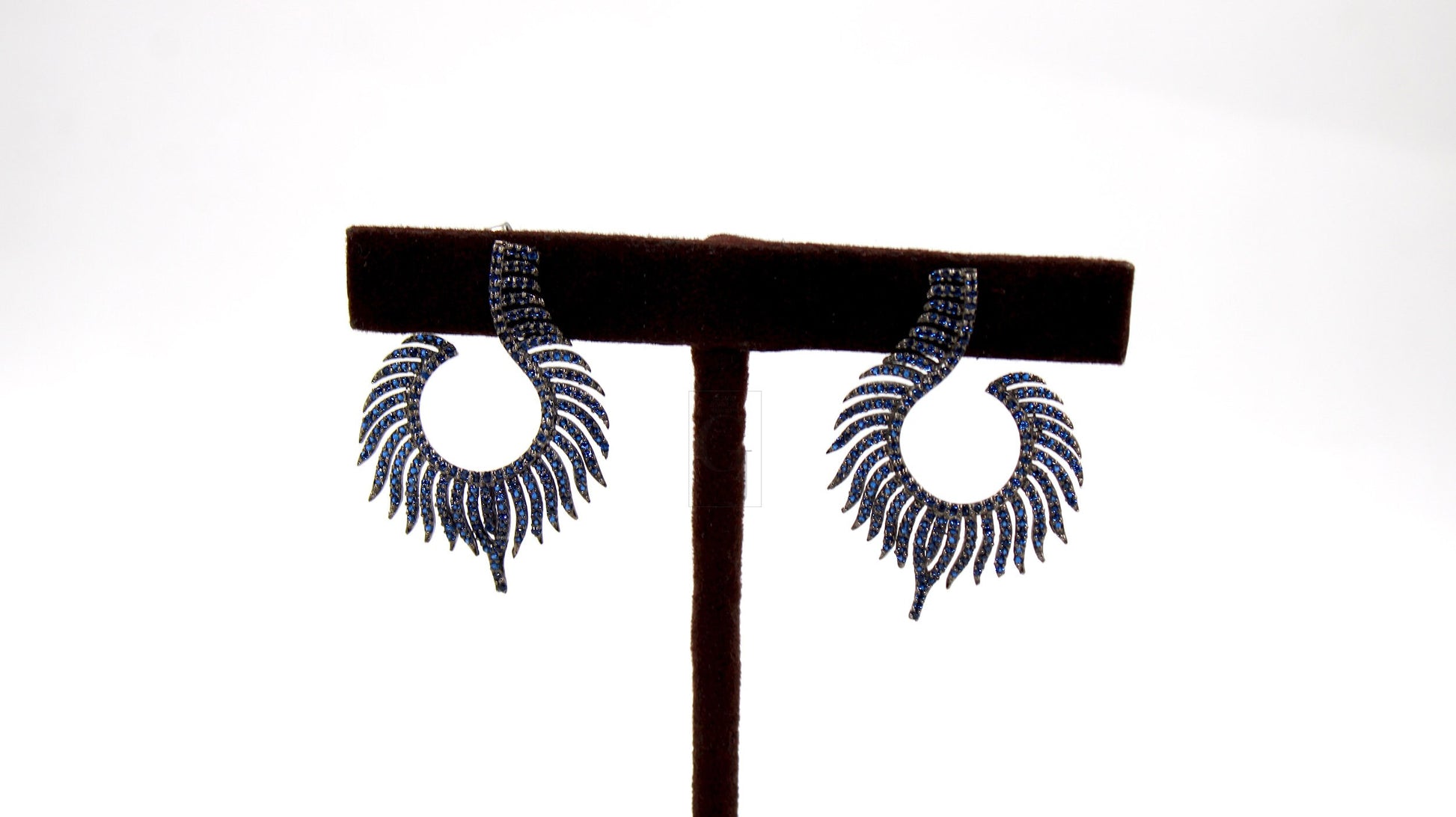 Nature Inspired Peacock Feather Style Rosecut Pave Blue Sapphire Earrings ,Antique Look Sterling Silver Natural Sapphire Beautiful Earrings