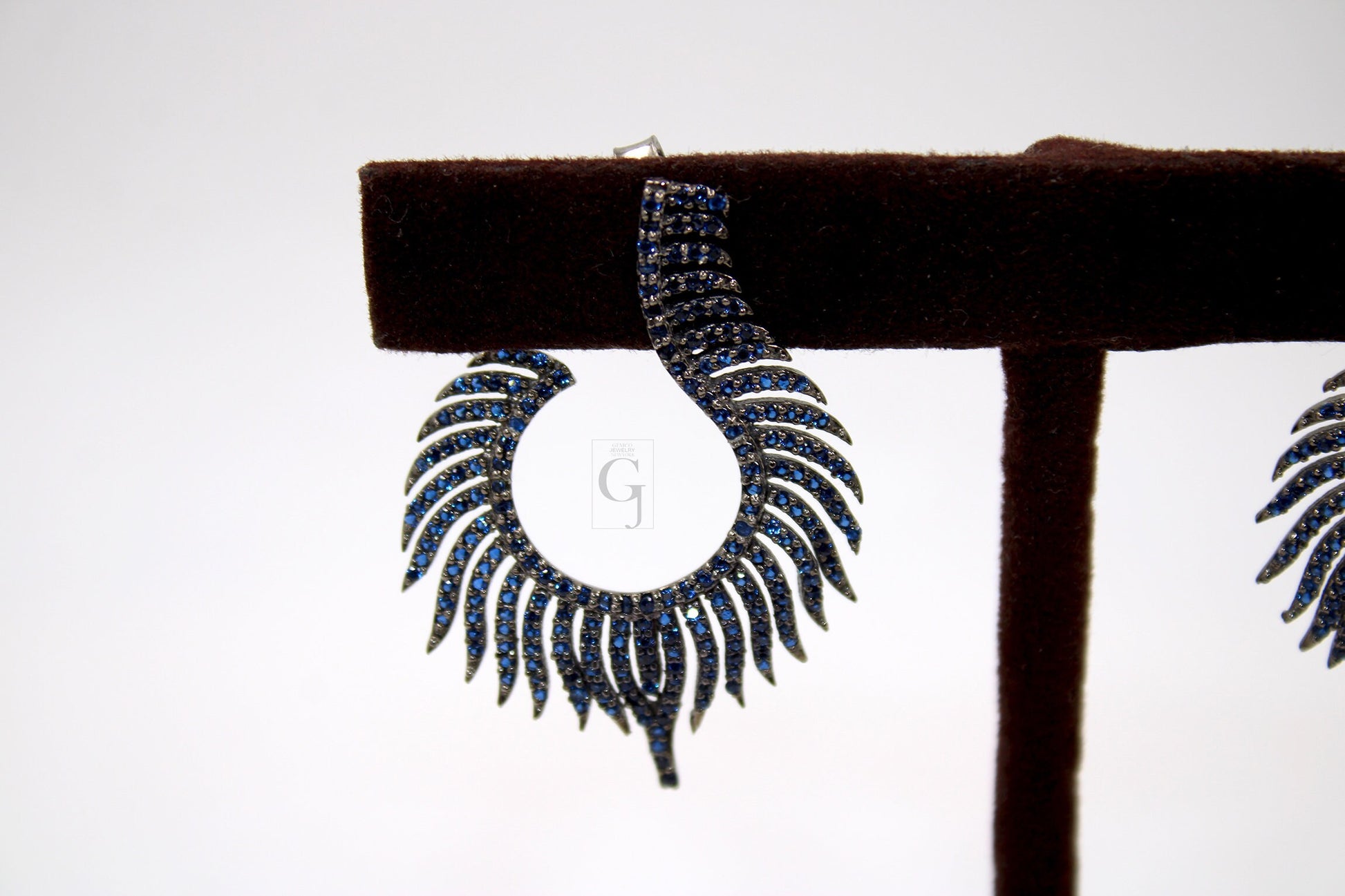 Nature Inspired Peacock Feather Style Rosecut Pave Blue Sapphire Earrings ,Antique Look Sterling Silver Natural Sapphire Beautiful Earrings