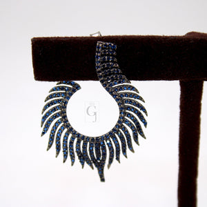 Nature Inspired Peacock Feather Style Rosecut Pave Blue Sapphire Earrings ,Antique Look Sterling Silver Natural Sapphire Beautiful Earrings