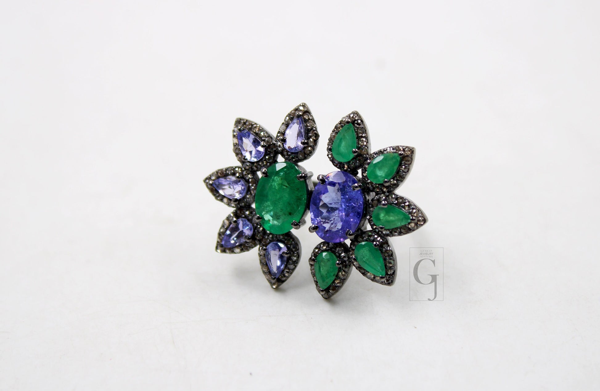 Very Beautiful Emerald And Tanzanite Ring Designer Rosecut Pave Diamond Rings 925 Sterling Silver Handmade Silver Finish Diamond Ring