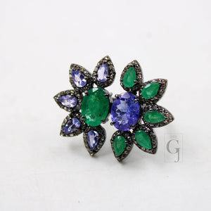 Very Beautiful Emerald And Tanzanite Ring Designer Rosecut Pave Diamond Rings 925 Sterling Silver Handmade Silver Finish Diamond Ring