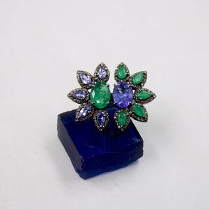 Very Beautiful Emerald And Tanzanite Ring Designer Rosecut Pave Diamond Rings 925 Sterling Silver Handmade Silver Finish Diamond Ring