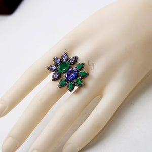 Very Beautiful Emerald And Tanzanite Ring Designer Rosecut Pave Diamond Rings 925 Sterling Silver Handmade Silver Finish Diamond Ring