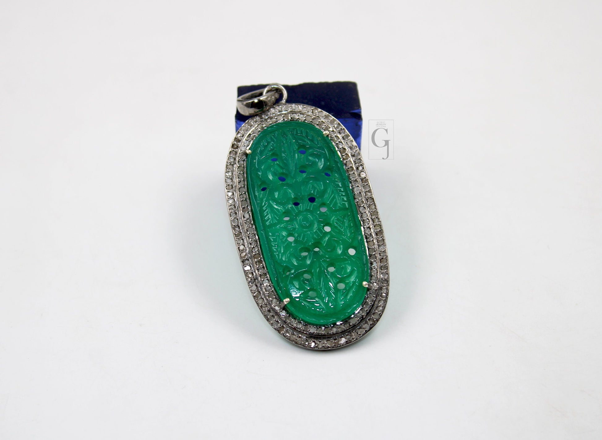 Carving stone green onyx pendant designer Rosecut pave diamond pendant 925 sterling silver handmade finish diamond charms necklace pendant