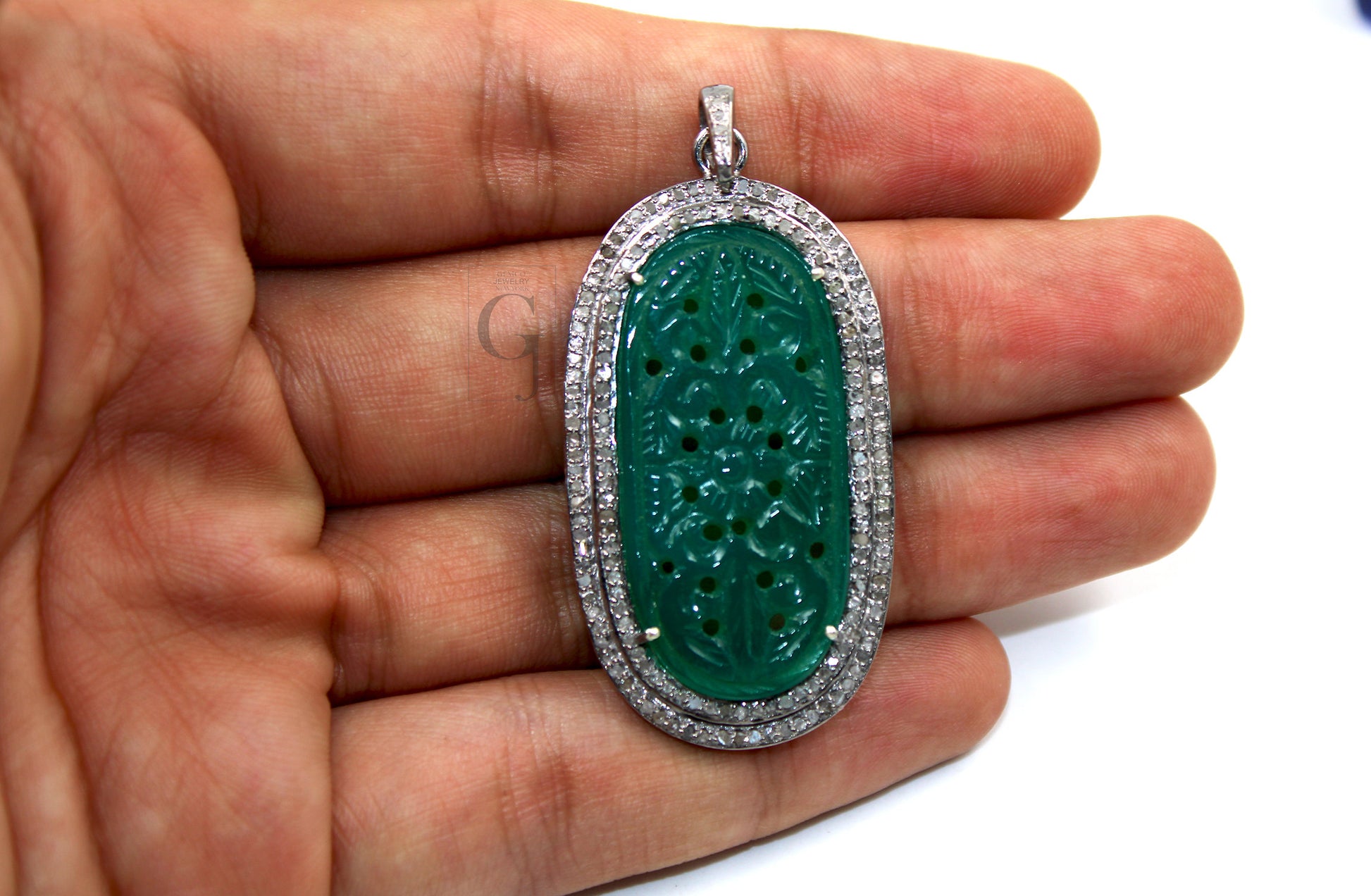 Carving stone green onyx pendant designer Rosecut pave diamond pendant 925 sterling silver handmade finish diamond charms necklace pendant