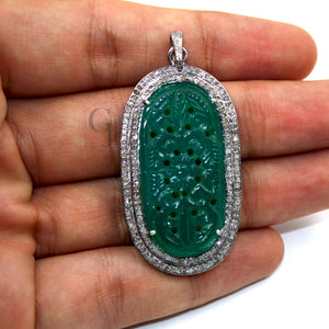 Carving stone green onyx pendant designer Rosecut pave diamond pendant 925 sterling silver handmade finish diamond charms necklace pendant