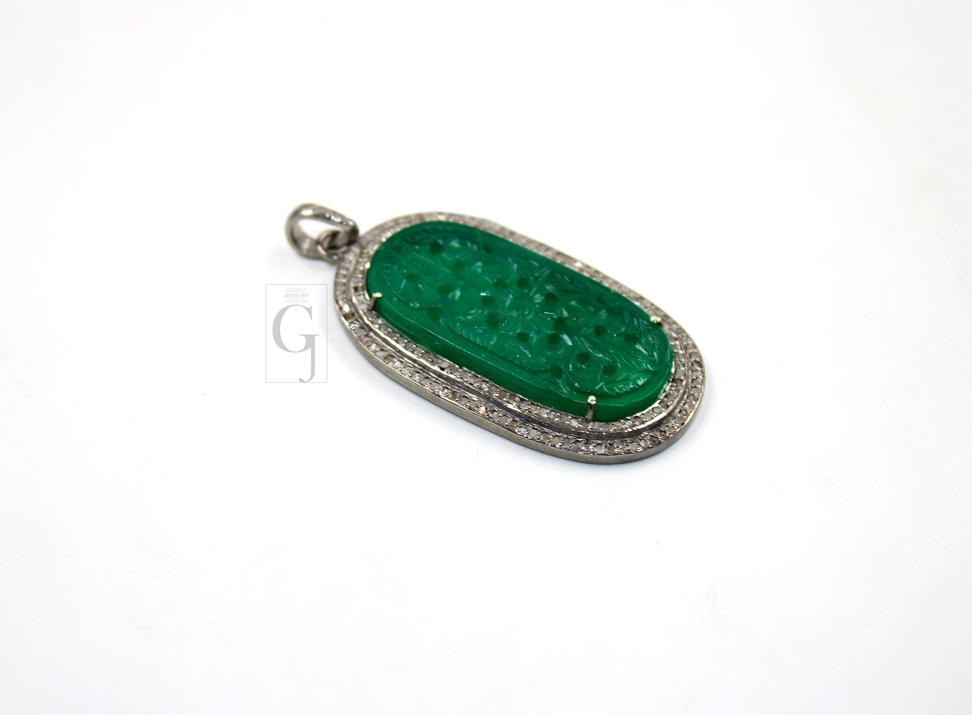 Carving stone green onyx pendant designer Rosecut pave diamond pendant 925 sterling silver handmade finish diamond charms necklace pendant