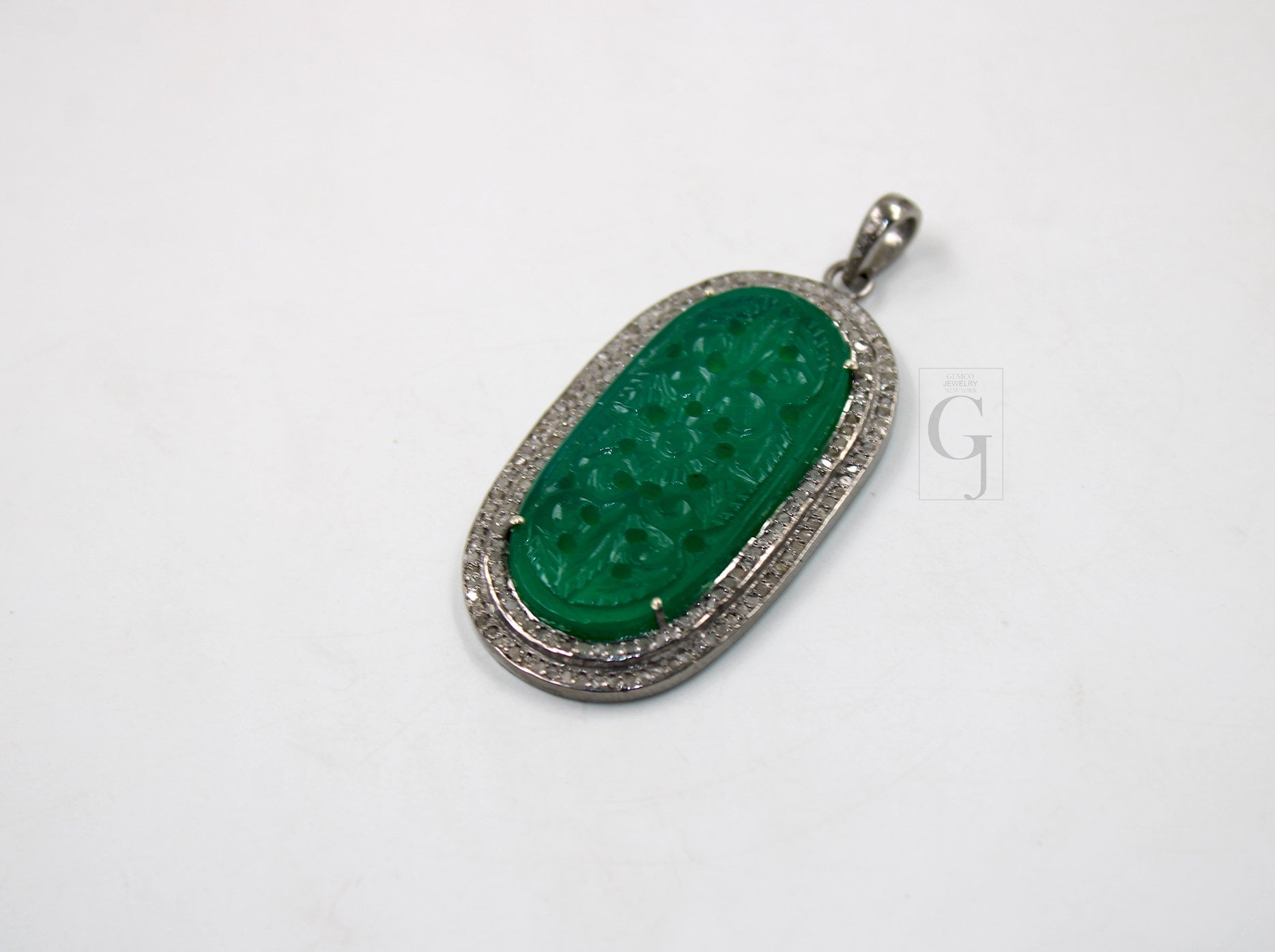 Carving stone green onyx pendant designer Rosecut pave diamond pendant 925 sterling silver handmade finish diamond charms necklace pendant