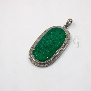 Carving stone green onyx pendant designer Rosecut pave diamond pendant 925 sterling silver handmade finish diamond charms necklace pendant