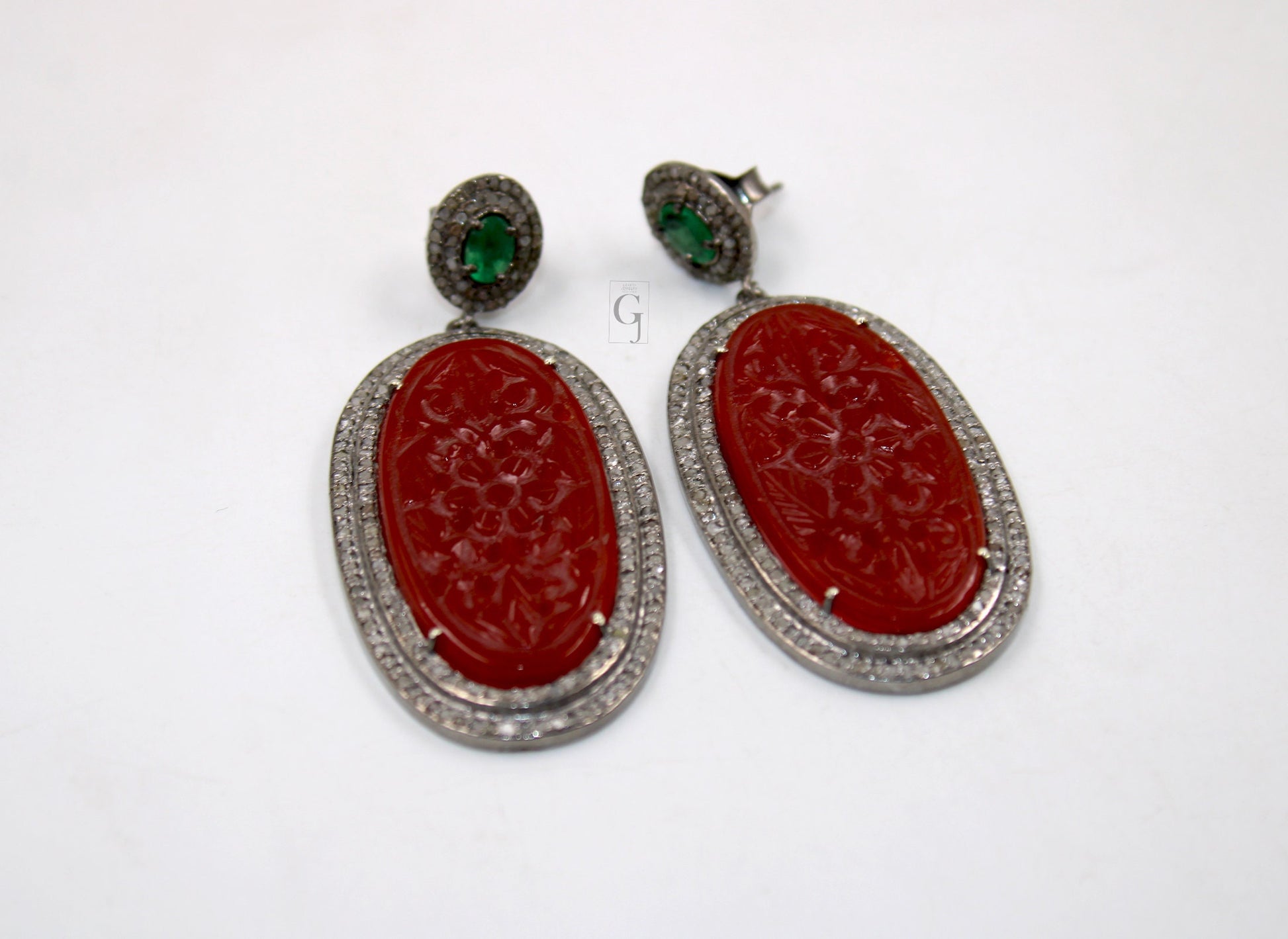 Antique Look Red Onyx Carving Stone Designer Earring Rosecut Pave Diamond Earring Silver Victorian Vintage Antique Look Handmade Earrings