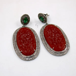 Antique Look Red Onyx Carving Stone Designer Earring Rosecut Pave Diamond Earring Silver Victorian Vintage Antique Look Handmade Earrings