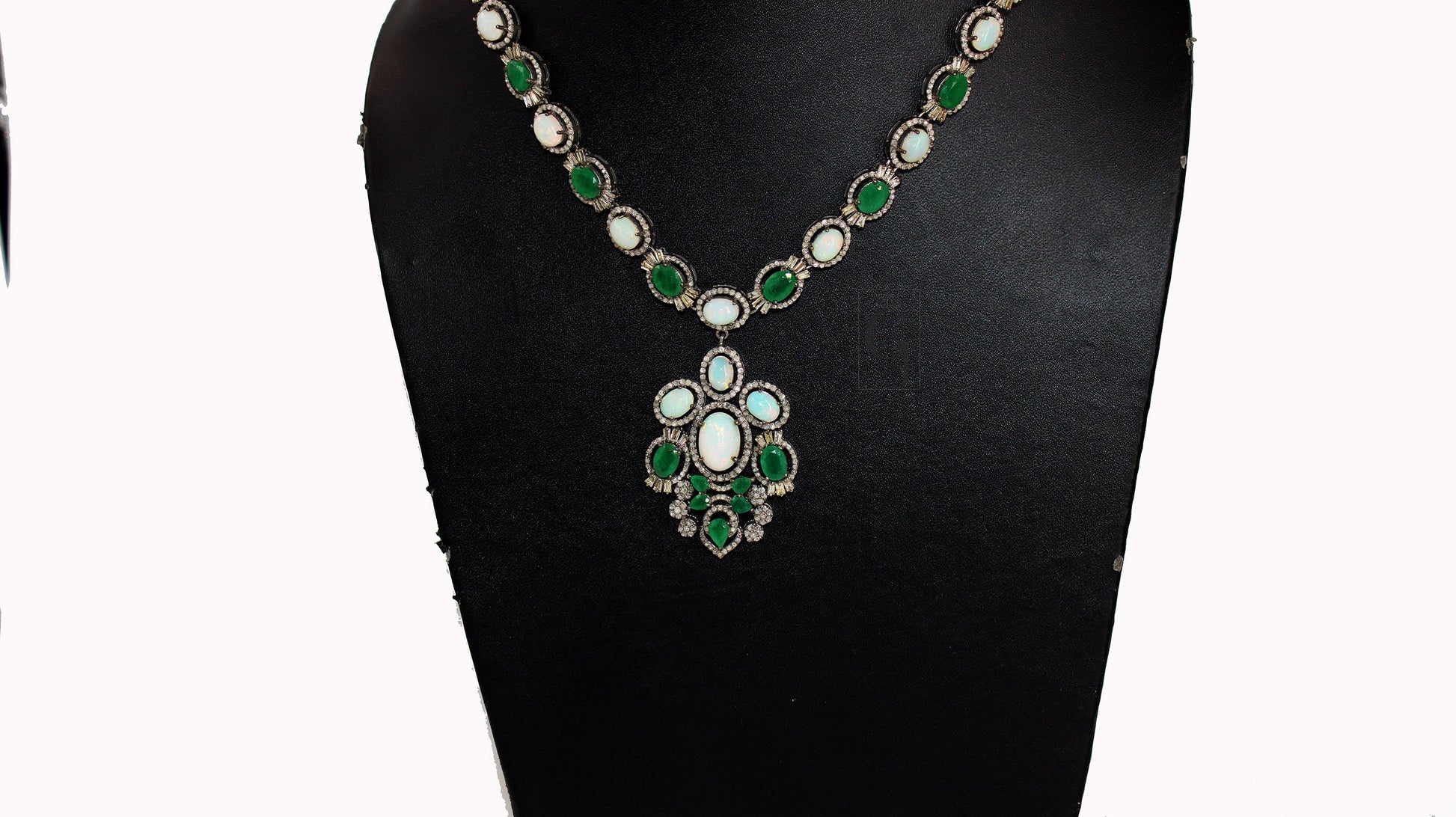 Very Beautiful Emerald,  Opal Necklace Rosecut Pave Diamond Necklace Handmade 925 Sterling Silver Finish Diamond Necklace Earring