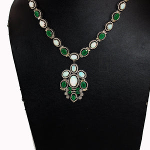 Very Beautiful Emerald,  Opal Necklace Rosecut Pave Diamond Necklace Handmade 925 Sterling Silver Finish Diamond Necklace Earring