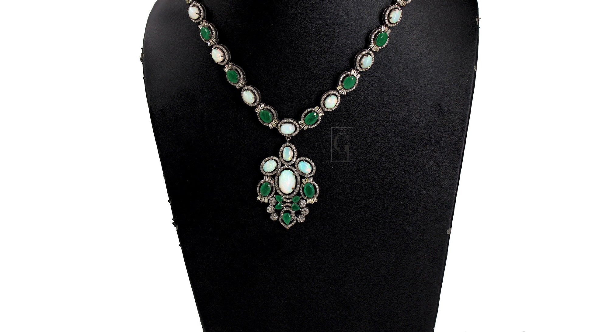 Very Beautiful Emerald,  Opal Necklace Rosecut Pave Diamond Necklace Handmade 925 Sterling Silver Finish Diamond Necklace Earring