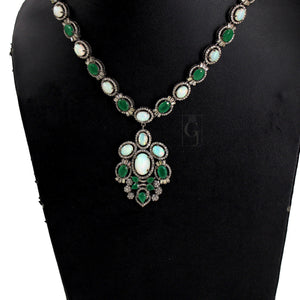 Very Beautiful Emerald,  Opal Necklace Rosecut Pave Diamond Necklace Handmade 925 Sterling Silver Finish Diamond Necklace Earring