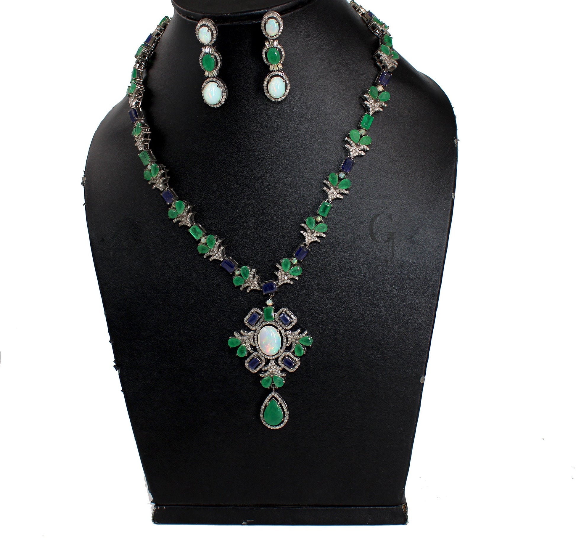 Very Beautiful Emerald,  Opal Necklace Rosecut Pave Diamond Necklace Handmade 925 Sterling Silver Finish Diamond Necklace Earring