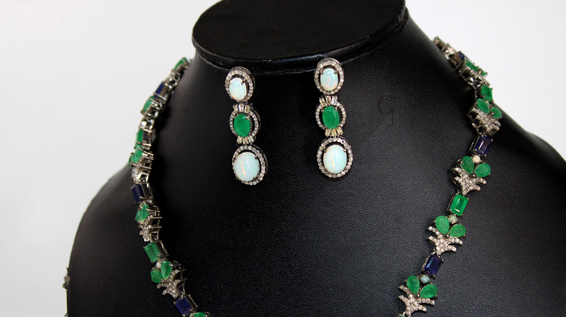 Very Beautiful Emerald,  Opal Necklace Rosecut Pave Diamond Necklace Handmade 925 Sterling Silver Finish Diamond Necklace Earring