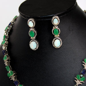 Very Beautiful Emerald,  Opal Necklace Rosecut Pave Diamond Necklace Handmade 925 Sterling Silver Finish Diamond Necklace Earring