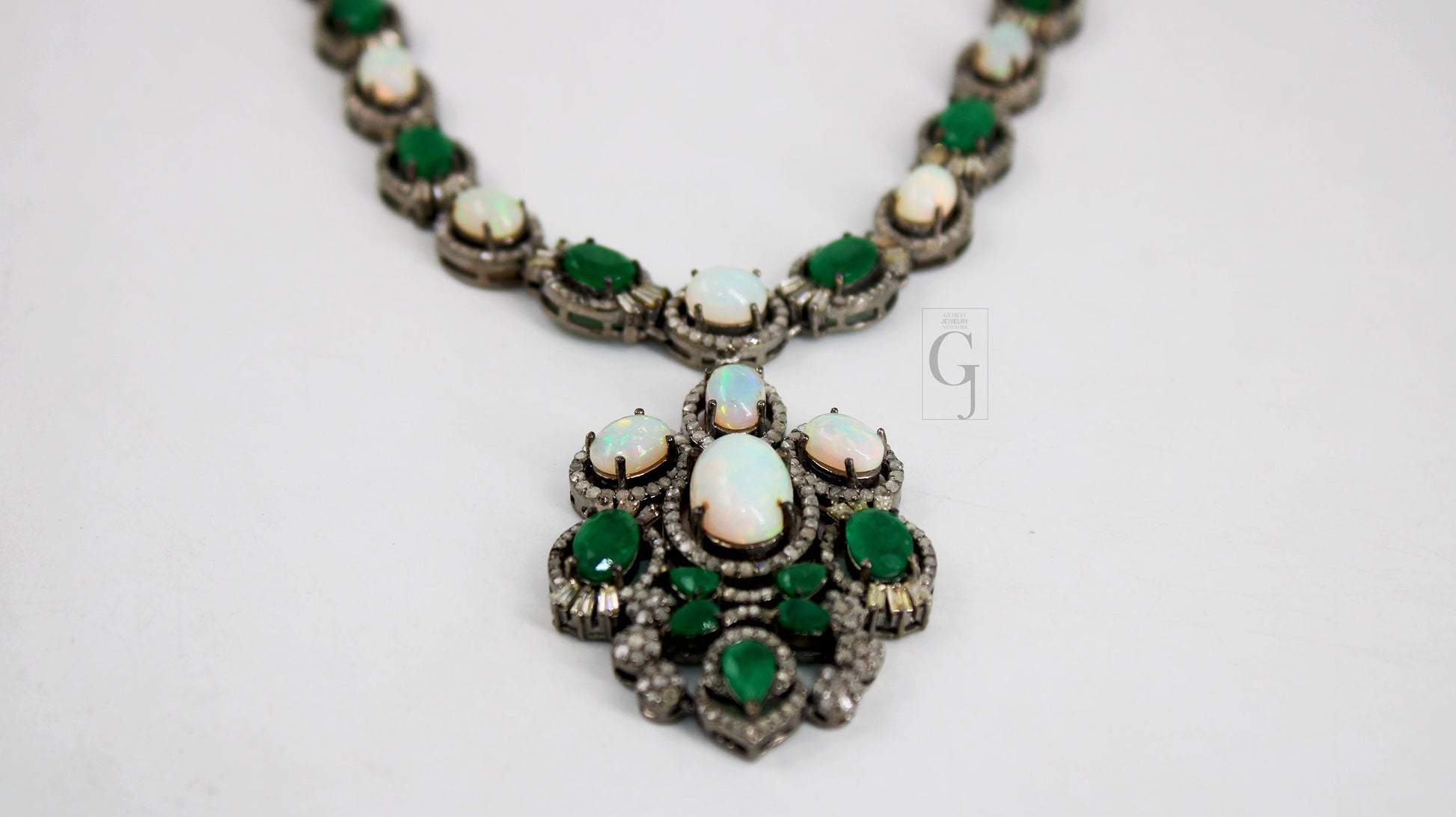 Very Beautiful Emerald,  Opal Necklace Rosecut Pave Diamond Necklace Handmade 925 Sterling Silver Finish Diamond Necklace Earring