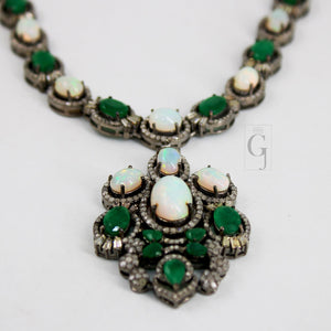 Very Beautiful Emerald,  Opal Necklace Rosecut Pave Diamond Necklace Handmade 925 Sterling Silver Finish Diamond Necklace Earring