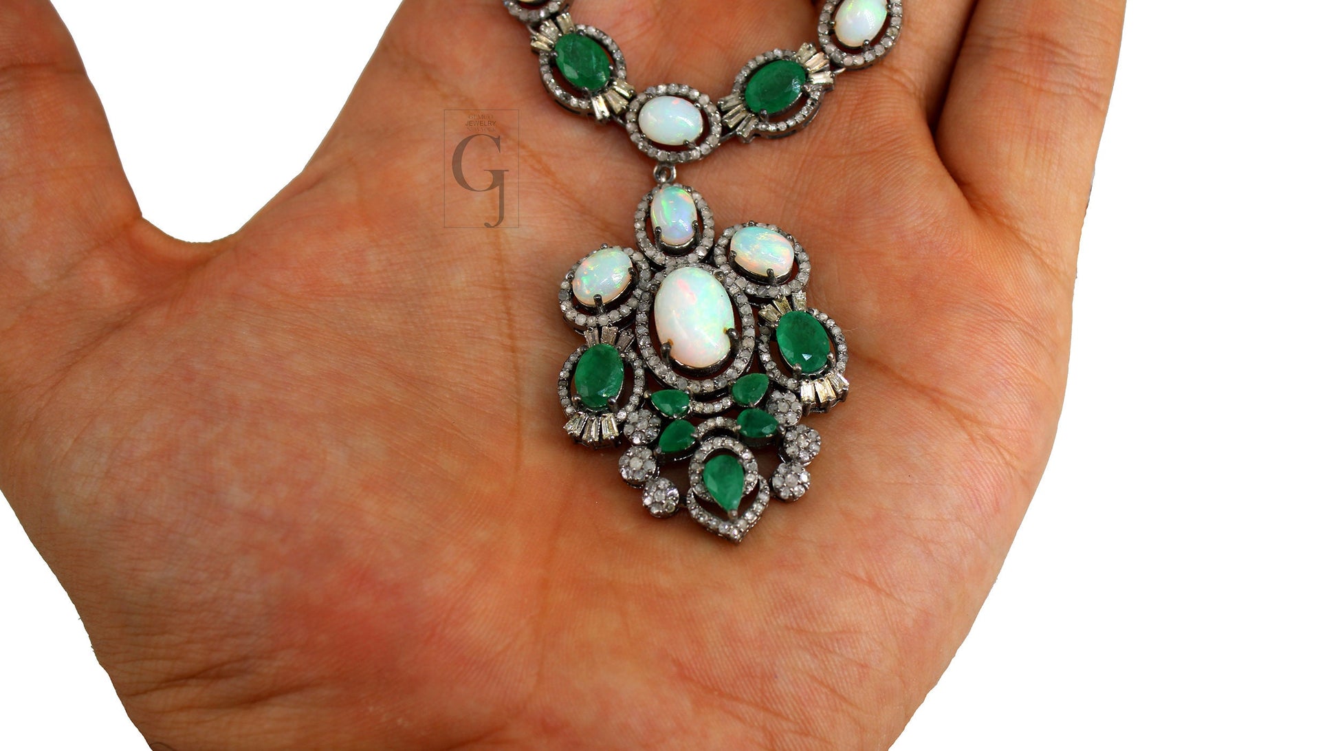 Very Beautiful Emerald,  Opal Necklace Rosecut Pave Diamond Necklace Handmade 925 Sterling Silver Finish Diamond Necklace Earring