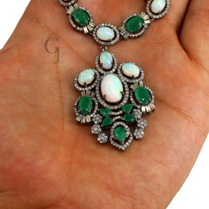 Very Beautiful Emerald,  Opal Necklace Rosecut Pave Diamond Necklace Handmade 925 Sterling Silver Finish Diamond Necklace Earring