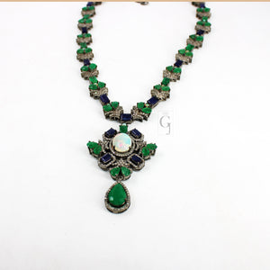 Very Beautiful Emerald, Sapphire , Opal Necklace Rosecut Pave Diamond Necklace Handmade 925 Sterling Silver Finish Diamond Necklace Earring