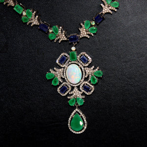 Very Beautiful Emerald, Sapphire , Opal Necklace Rosecut Pave Diamond Necklace Handmade 925 Sterling Silver Finish Diamond Necklace Earring