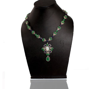 Very Beautiful Emerald, Sapphire , Opal Necklace Rosecut Pave Diamond Necklace Handmade 925 Sterling Silver Finish Diamond Necklace Earring