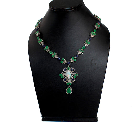Very Beautiful Emerald, Sapphire , Opal Necklace Rosecut Pave Diamond Necklace Handmade 925 Sterling Silver Finish Diamond Necklace Earring