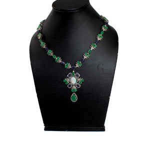 Very Beautiful Emerald, Sapphire , Opal Necklace Rosecut Pave Diamond Necklace Handmade 925 Sterling Silver Finish Diamond Necklace Earring