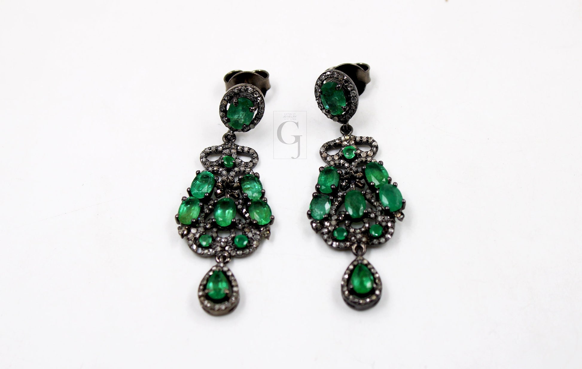 Antique Oxidized Look Emerald Earring Designer Rosecut Pave Diamond Earrings 925 Sterling Silver Handmade Silver Finish Diamond Earring