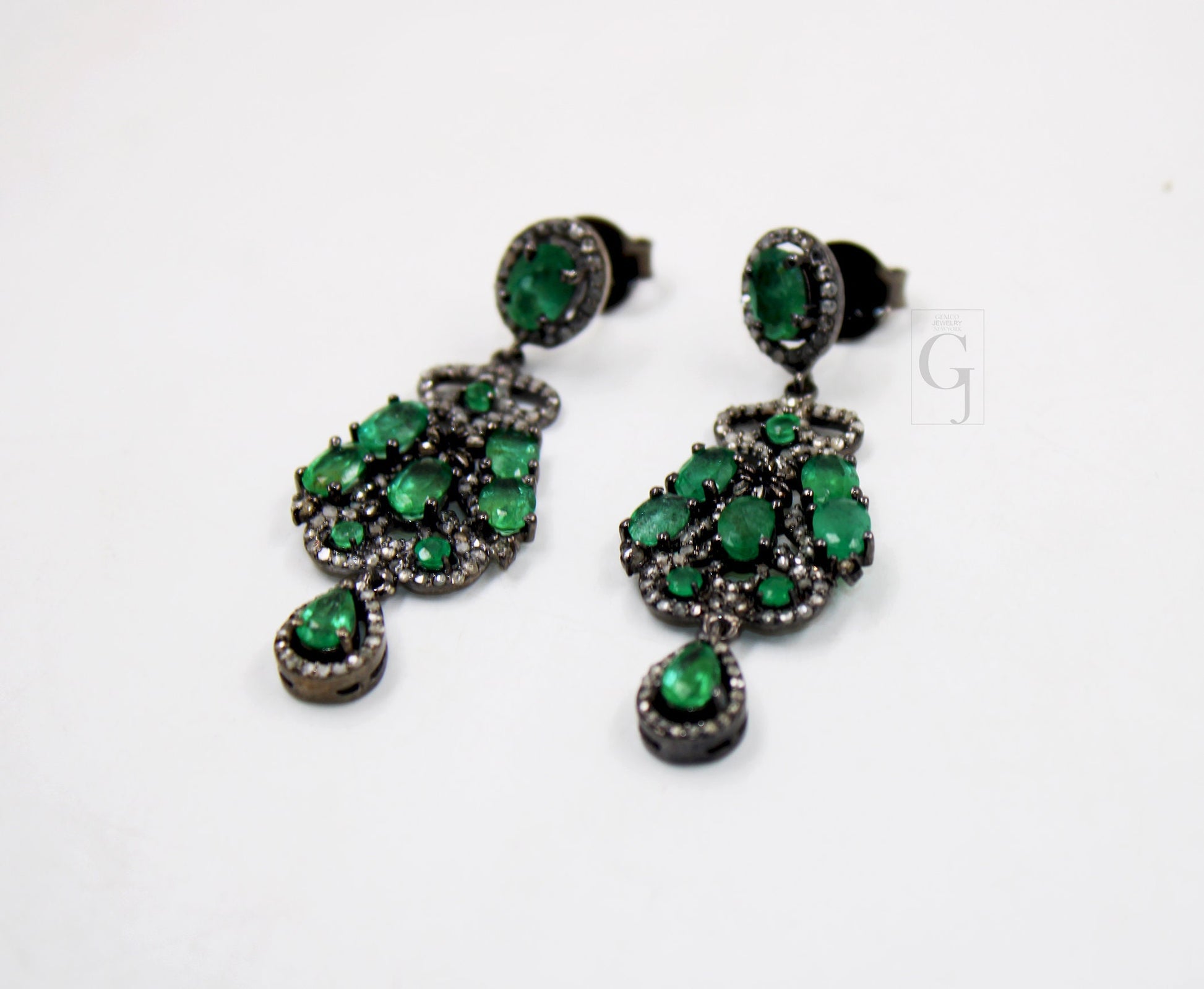 Antique Oxidized Look Emerald Earring Designer Rosecut Pave Diamond Earrings 925 Sterling Silver Handmade Silver Finish Diamond Earring