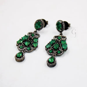 Antique Oxidized Look Emerald Earring Designer Rosecut Pave Diamond Earrings 925 Sterling Silver Handmade Silver Finish Diamond Earring