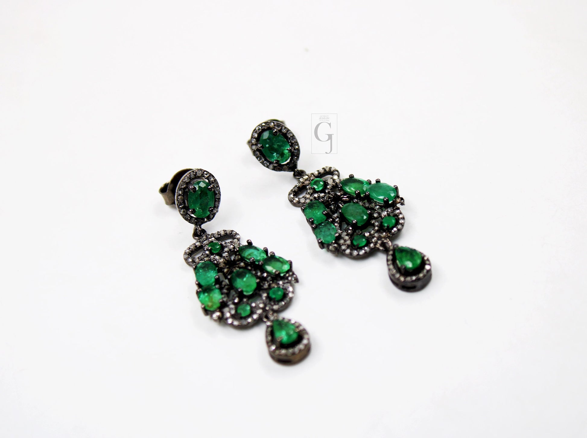 Antique Oxidized Look Emerald Earring Designer Rosecut Pave Diamond Earrings 925 Sterling Silver Handmade Silver Finish Diamond Earring