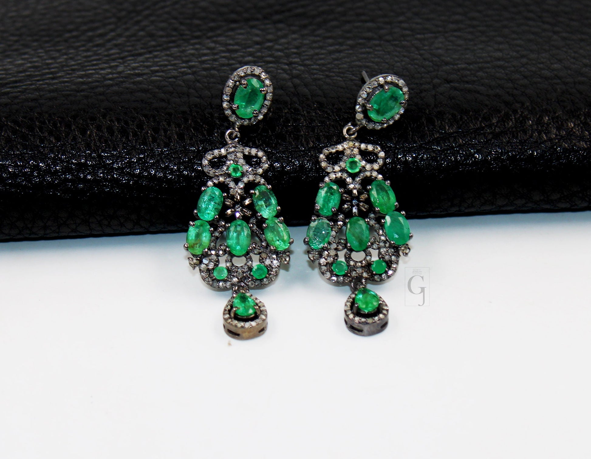 Antique Oxidized Look Emerald Earring Designer Rosecut Pave Diamond Earrings 925 Sterling Silver Handmade Silver Finish Diamond Earring